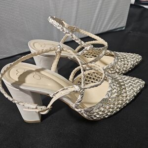 Jessica Simpson Woven Pointed Toe Block Heel Sandals Ivory Silver Size 8